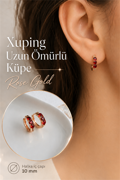 Kırmızı Zirkon Taşlı Halka Küpe Xuping Rose Gold Renk Uzun Ömürlü Küpe