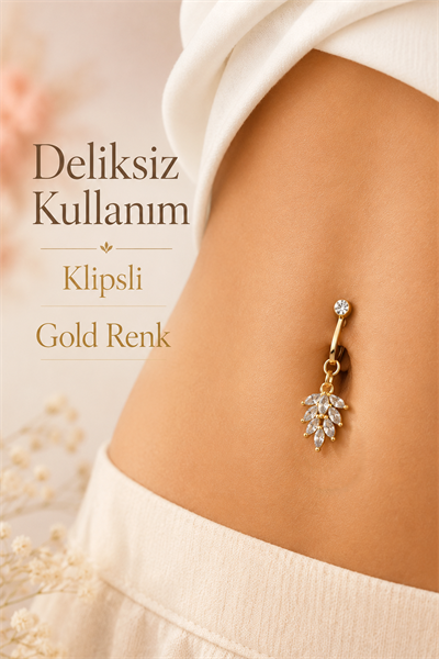 Kristal Başak Deliksiz Klipsli Göbek Piercingi Zirkon Taşlı Sallantılı