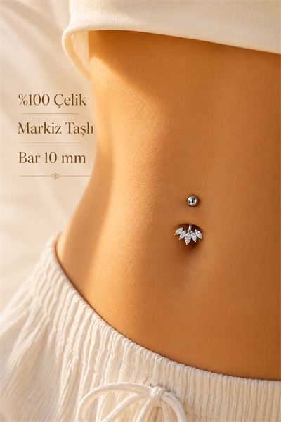 Minimal Markiz Taşlı Göbek Piercingi %100 Çelik 10 mm Bar Gümüş Renk