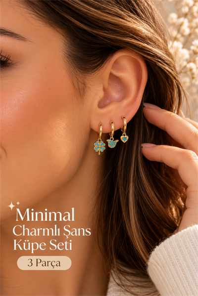 Minimal Şans Charm 3'lü Halka Küpe Seti – Turkuaz Taşlı Yonca, Kuş ve Kalp
