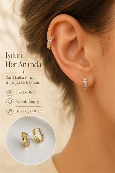 Minimal Zirkon Taşlı Halka Küpe 14K Gold Renk Xuping Küpe
