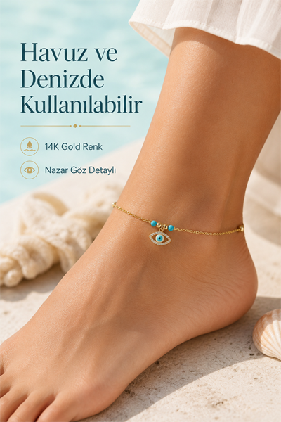 Nazar Göz Detaylı Zirkon Taşlı Halhal İnce Zincirli Ayarlanabilir