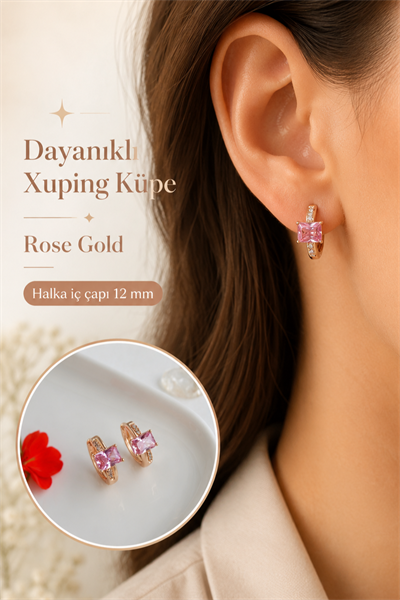 Pembe Baget Taşlı Halka Küpe Xuping Rose Gold Renk Uzun Ömürlü Küpe