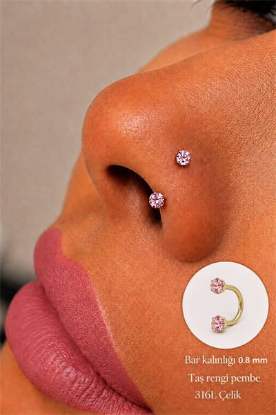 Pembe Taşlı Yarım Halka Piercing 316L Çelik Burun Hızması Helix Tragus