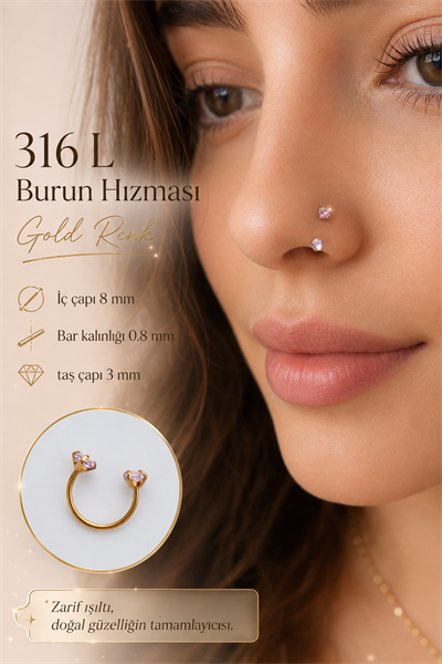 Pembe Taşlı Yarım Halka Piercing 316L Çelik Burun Hızması Helix Tragus