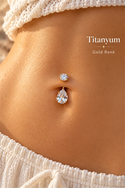 Titanyum Damla Taşlı Göbek Piercingi – Işıltılı Zirkon Tektaş