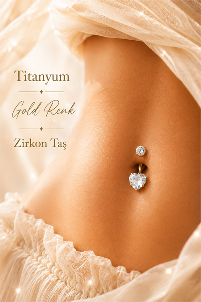 Titanyum Kalp Zirkon Taşlı Göbek Piercing