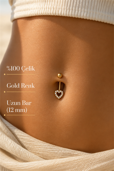 Uzun Bar Kalp Figürlü Göbek Piercingi %100 Çelik 12 mm