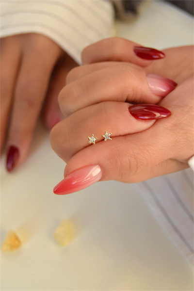 Yıldız Model Mini Tektaş Küpe – 14K Gold Rodyum Kaplama Zirkon Küpe (Çelik)