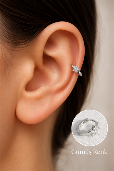 Zirkon Taşlı Çiçek Helix Piercing Tragus Çiçekli Kıkırdak Lob Küpesi Gümüş Renk Tek Adet