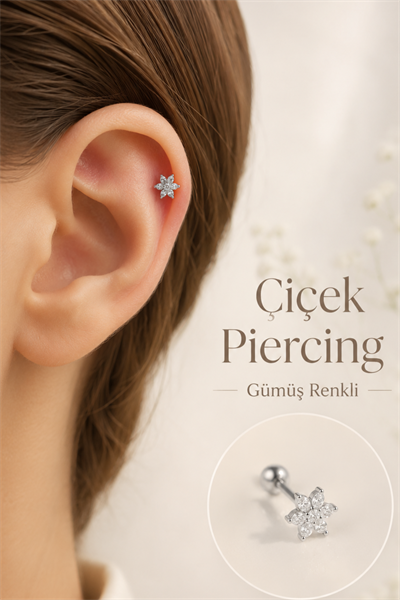 Zirkon Taşlı Çiçek Piercing Gümüş Renk Helix Kıkırdak Lob Küpesi Tek Adet