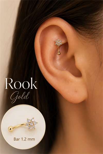 Zirkon Taşlı Çiçek Rook Piercing Çelik Bar 1.2 mm