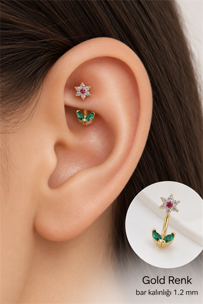 Zirkon Taşlı Çiçek Yaprak Rook Piercing Helix Kaş Kıkırdak Tragus 1.2 mm