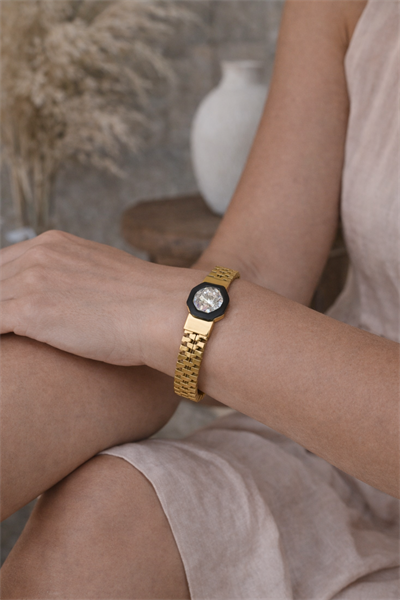 Zirkon Taşlı Gold Çelik Bileklik Ortası Tektaş Model