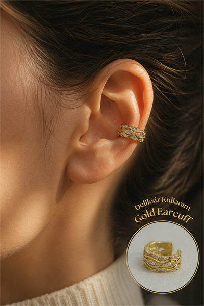 Zirkon Taşlı Gold Earcuff Deliksiz Kıkırdak Küpesi