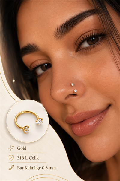 Zirkon Taşlı Gold Yarım Halka Burun Piercingi 316L Çelik 0.8 mm