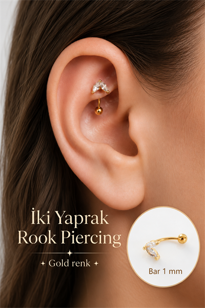 Zirkon Taşlı İki Yaprak Rook Piercing Çelik Bar 1 mm