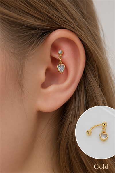 Zirkon Taşlı Kalp Charm Sallantılı Rook Piercing Çelik Bar 1.2 mm
