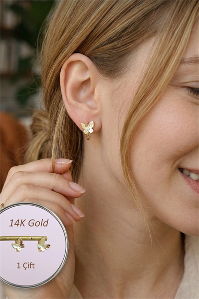 Zirkon Taşlı Kelebek Detaylı Halka Küpe 14 K Gold