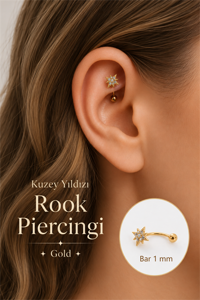 Zirkon Taşlı Kuzey Yıldızı Rook Piercing Çelik Bar 1 mm