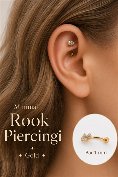 Zirkon Taşlı Mini Kalp Rook Piercing Çelik Bar 1 mm