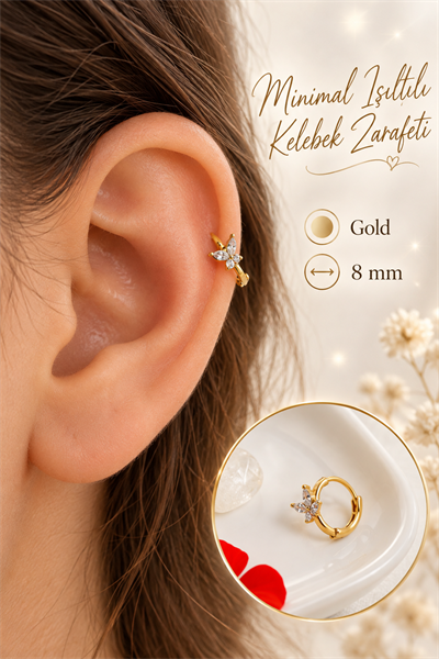 Zirkon Taşlı Minimal Kelebek Halka Piercing 8 mm – Helix Tragus Lob Burun