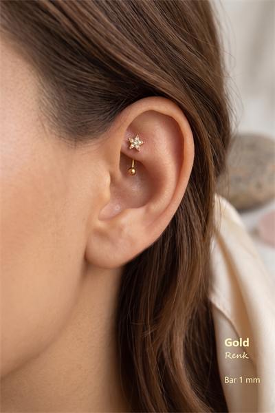 Zirkon Taşlı Minimal Yıldız Rook Piercing Çelik Bar 1 mm