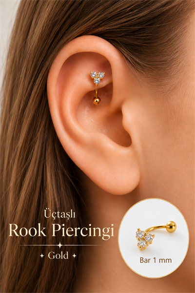 Zirkon Taşlı Üçtaşlı Rook Piercing Çelik Bar 1 mm