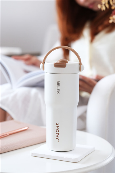 Beyaz Kişiye Özel 680 Ml Kulplu, Pipetli ve Çay Süzgeçli Termos