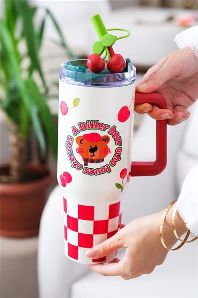 Kiraz Desenli Quencher Cup 1200ML Paslanmaz Çelik Termos