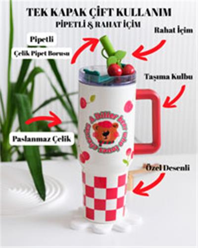 Kiraz Desenli Quencher Cup 1200ML Paslanmaz Çelik Termos
