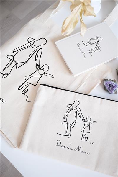 Kişiye Özel Anne-Kız Bebek Körüklü Kanvas Çanta-Portföy Çanta-Defter Hediye Seti