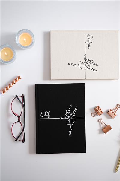 Kişiye Özel Balerin Desenli Kanvas Defter Siyah Renk