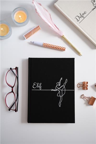 Kişiye Özel Balerin Desenli Kanvas Defter Siyah Renk