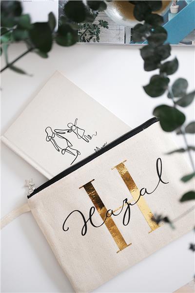 Kişiye Özel Ham Renk Clutch Çanta-Defter İkili Hediye Seti