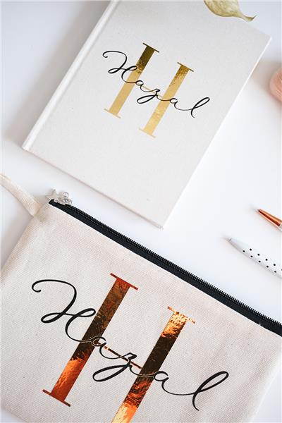 Kişiye Özel Ham Renk Clutch Çanta-Defter İkili Hediye Seti
