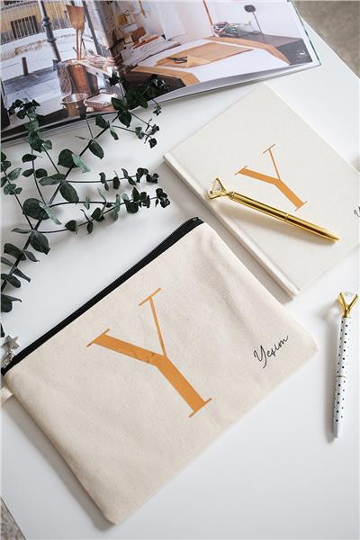 Kişiye Özel Ham Renk Clutch Çanta-Defter İkili Hediye Seti