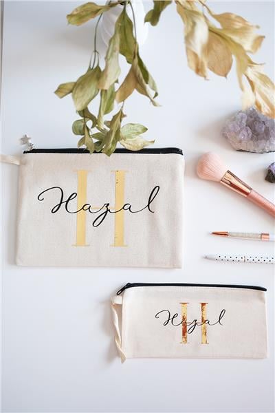 Kişiye Özel Ham Renk Clutch Çanta - Kalemlik İkili Hediye Seti