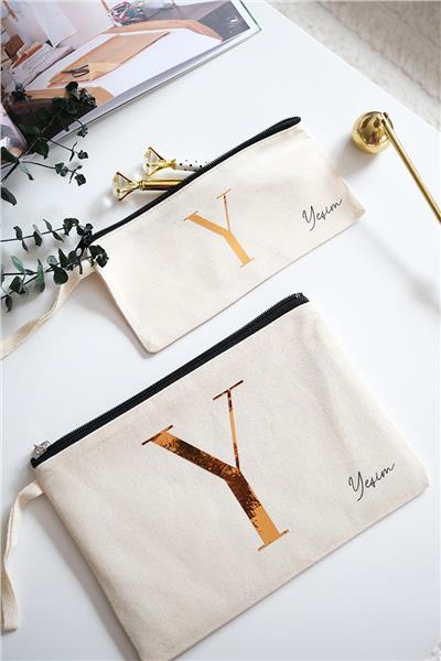 Kişiye Özel Ham Renk Clutch Çanta - Kalemlik İkili Hediye Seti