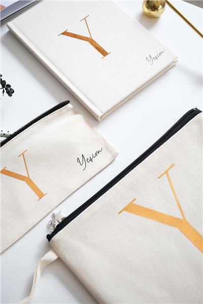 Kişiye Özel Ham Renk Clutch-Defter-Kalemlik Üçlü Hediye Seti