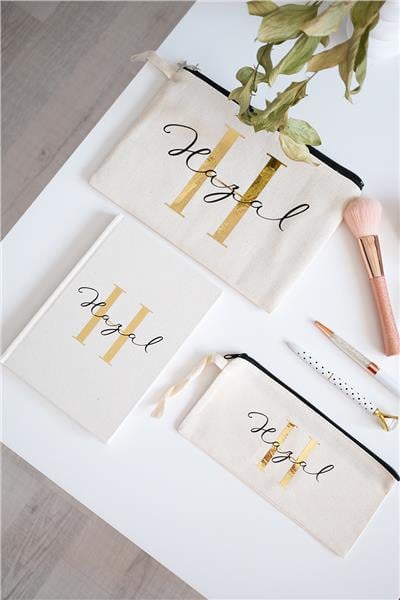 Kişiye Özel Ham Renk Clutch-Defter-Kalemlik Üçlü Hediye Seti