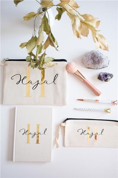 Kişiye Özel Ham Renk Clutch-Defter-Kalemlik Üçlü Hediye Seti