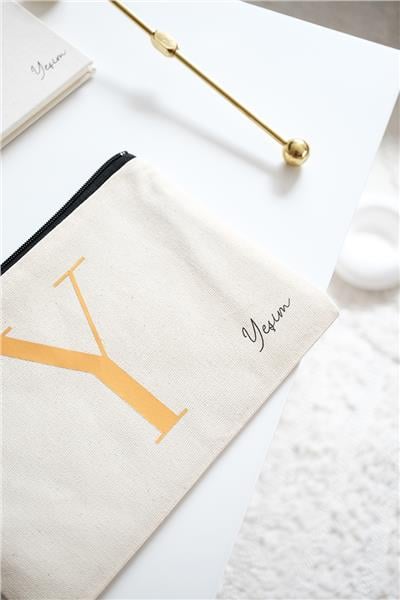 Kişiye Özel Ham Renk Clutch-Defter-Kalemlik Üçlü Hediye Seti