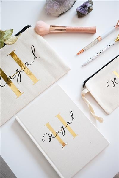 Kişiye Özel Ham Renk Clutch-Defter-Kalemlik Üçlü Hediye Seti