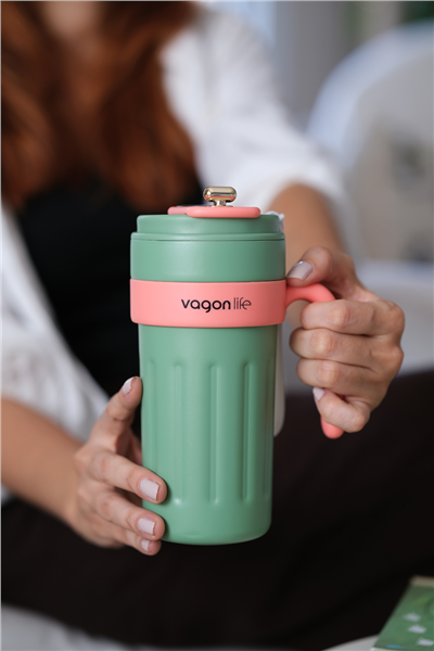 Kişiye Özel LED Sıcaklık Göstergeli Kulplu Yeşil Çelik Termos,600 ml