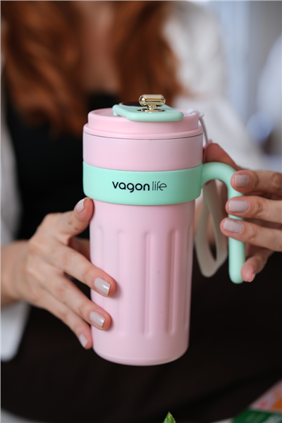 Kişiye Özel LED Sıcaklık Göstergeli Kulplu Pembe Çelik Termos,600 ml