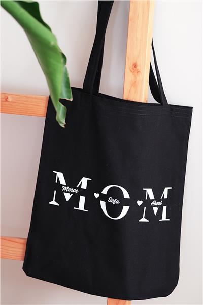 Kişiye Özel Mom Siyah Renk Kanvas Kol Çantası