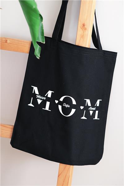 Kişiye Özel Mom Siyah Renk Kanvas Kol Çantası