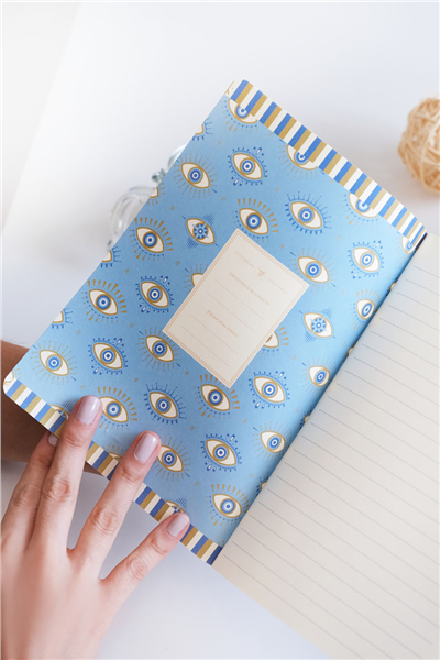 Kişiye Özel Nazar Boncuğu Desenli Lacivert A5 Çizgili Defter