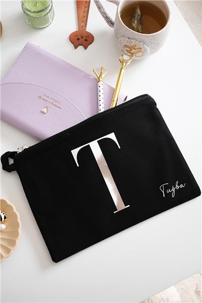 Kişiye Özel Siyah Renk Clutch Çanta-Defter İkili Hediye Seti